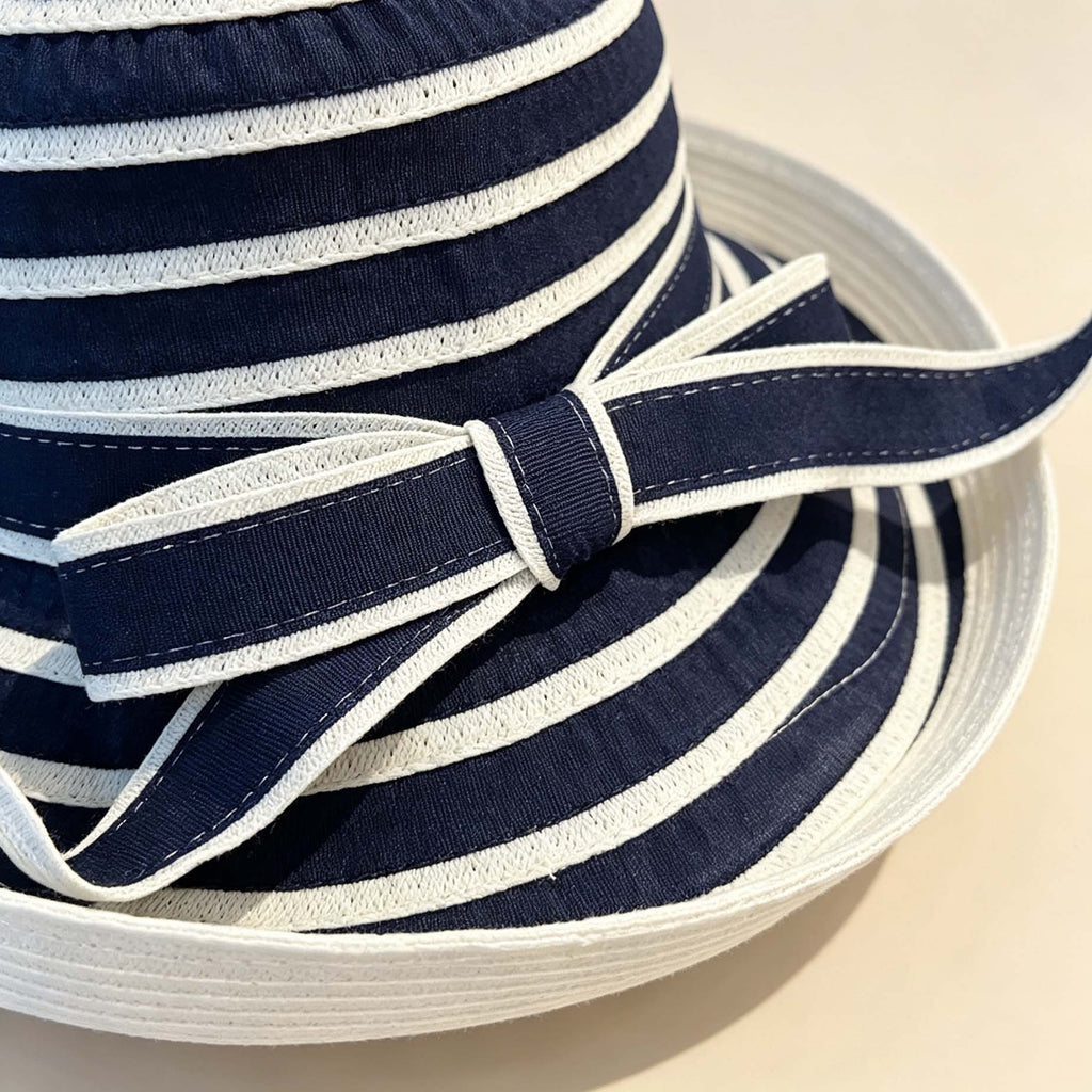 Striped Curved Brim Bucket Hat, Summer Beach Sun Hat With Bow