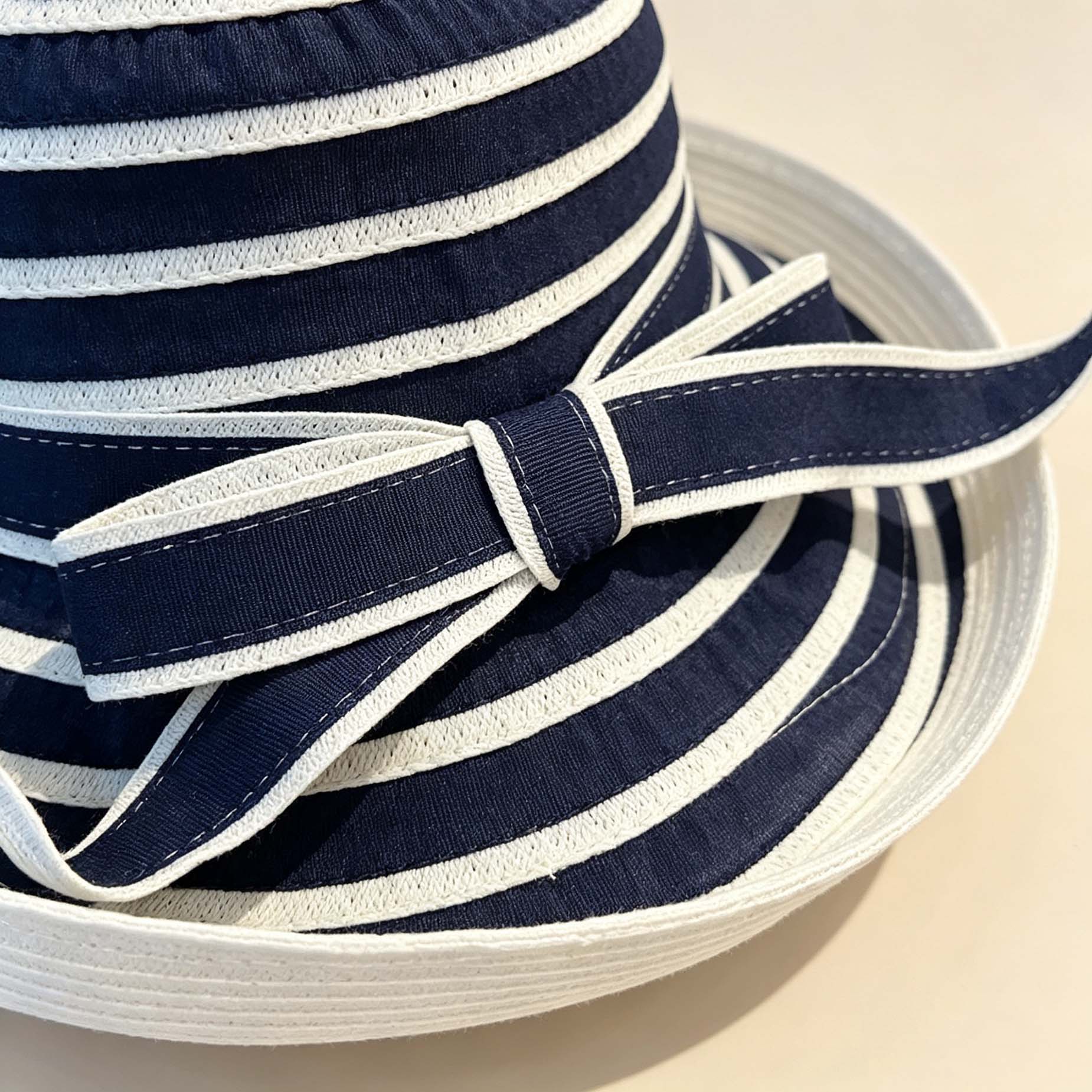 Striped Curved Brim Bucket Hat, Summer Beach Sun Hat With Bow