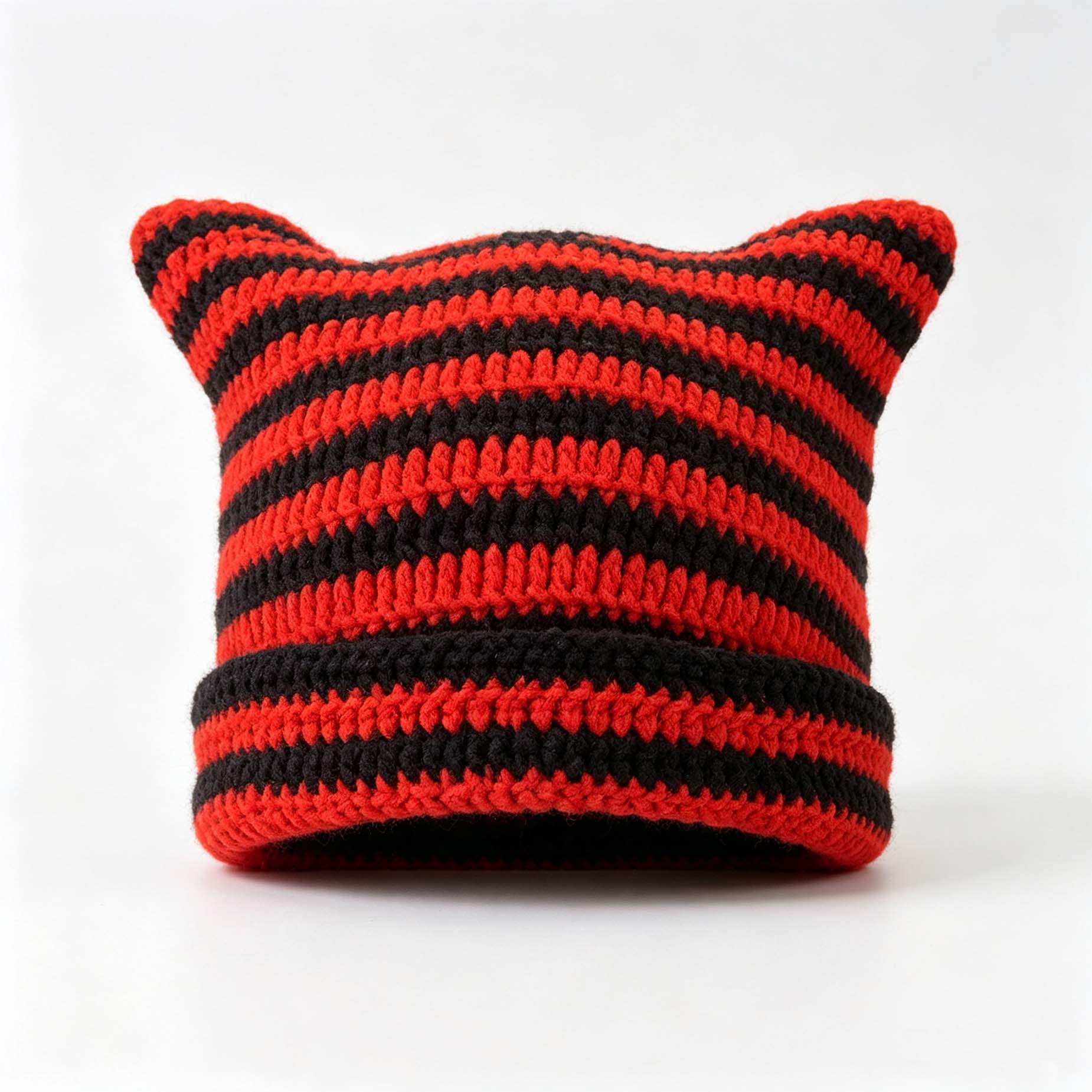 Striped Cat Ear Slouchy Knit Hat, Japanese Style Hand Crochet Beanie