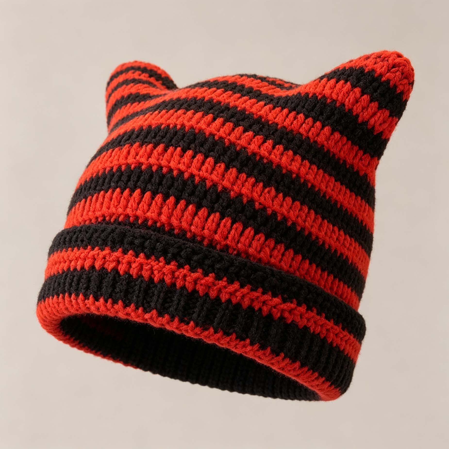 Striped Cat Ear Slouchy Knit Hat, Japanese Style Hand Crochet Beanie
