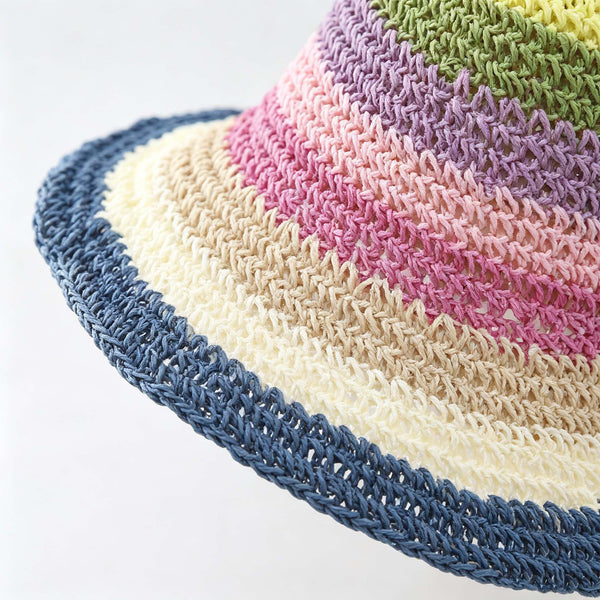 Rainbow Stripe Woven Bucket Hat, Summer Beach Handmade Sun Hat