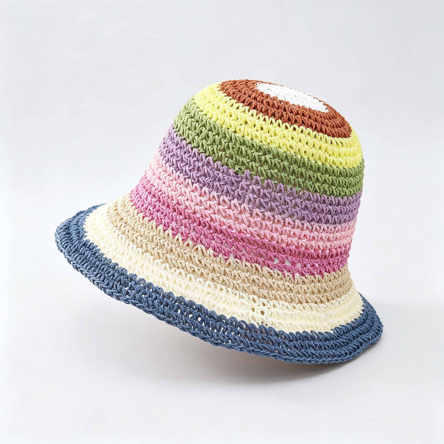 Rainbow Stripe Woven Bucket Hat, Summer Beach Handmade Sun Hat